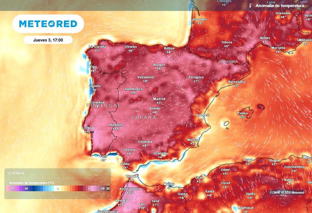 Anomalías de temperatura previstas para el próximo jueves al mediodía (hora solar). En algunas zonas del interior peninsular se alcanzarán valores de hasta +8 y +10 ºC superiores a la media.