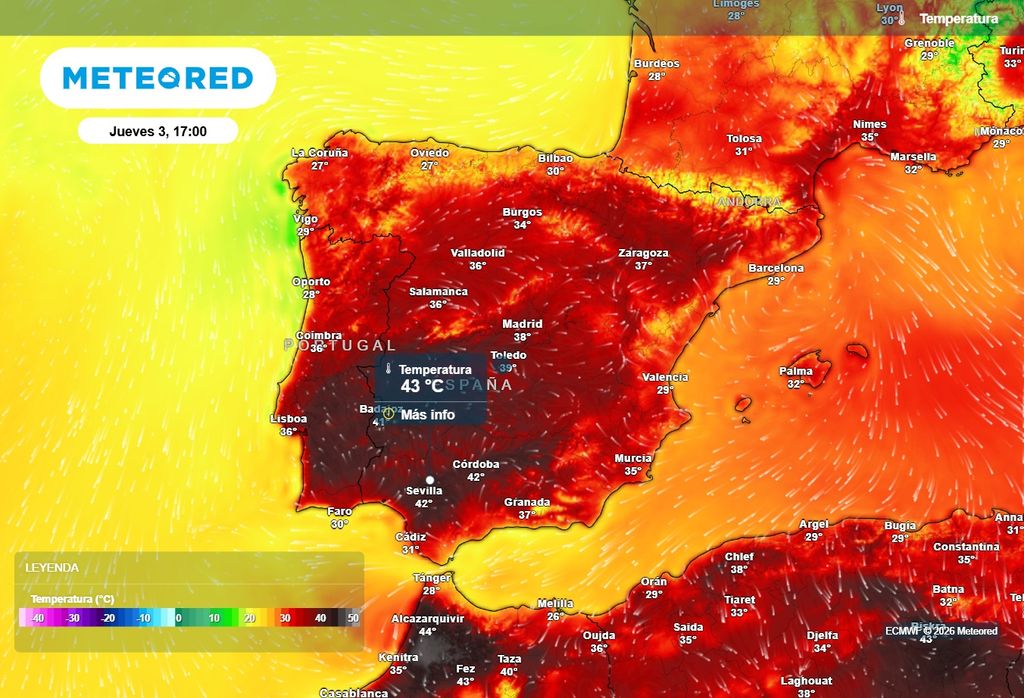 Mapa de la Península con las temperaturas máxima previstas el próximo jueves. Tanto en Córdoba como en Sevilla se alcanzarán los 42 ºC, pudiendo llegarse hasta los 43 ºC en algunas localidades de esas dos provincias y de la vecina Badajoz.