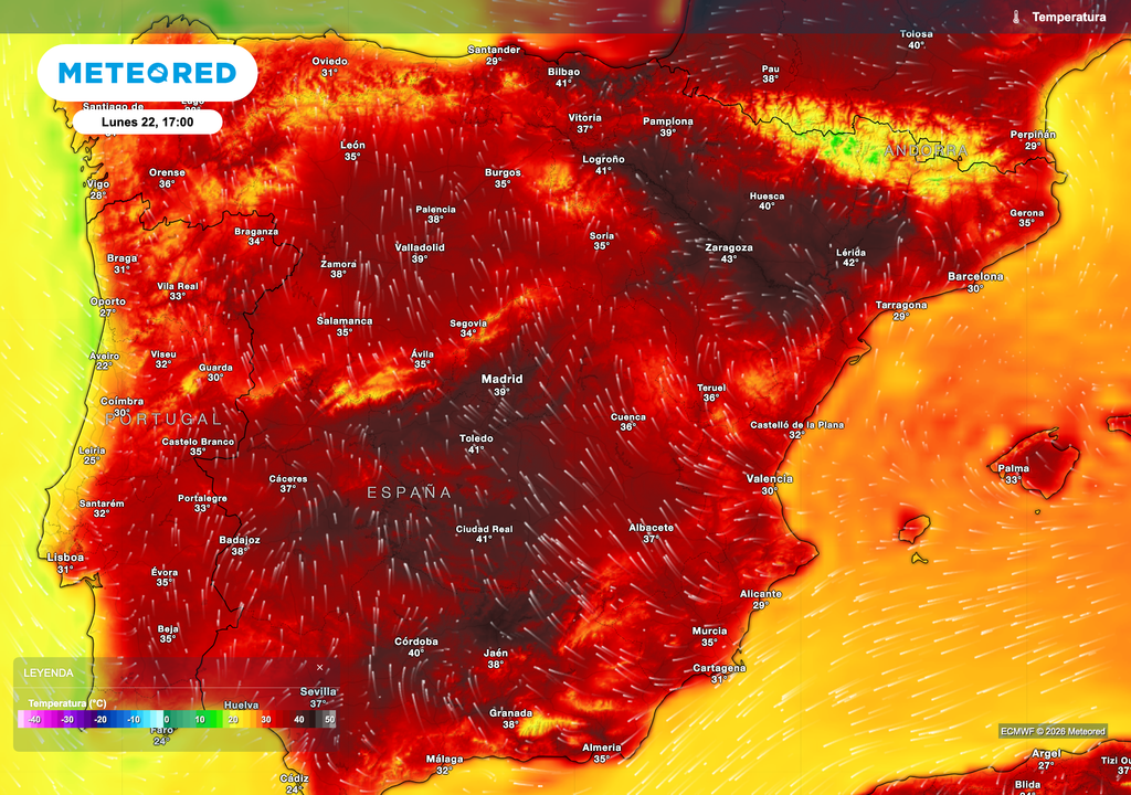 Temperaturas máximas previstas por el modelo europeo para este próximo lunes.