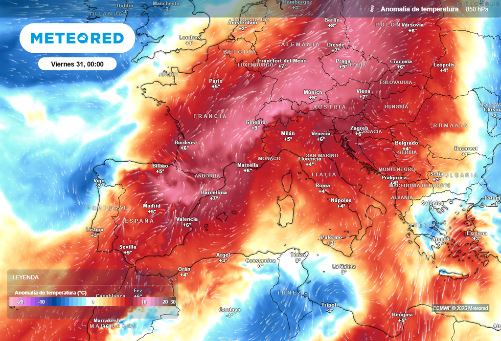 Esta ola de calor se extenderá por buena parte de Europa. En España será más llamativa su persistencia que los picos previstos, según el modelo europeo.
