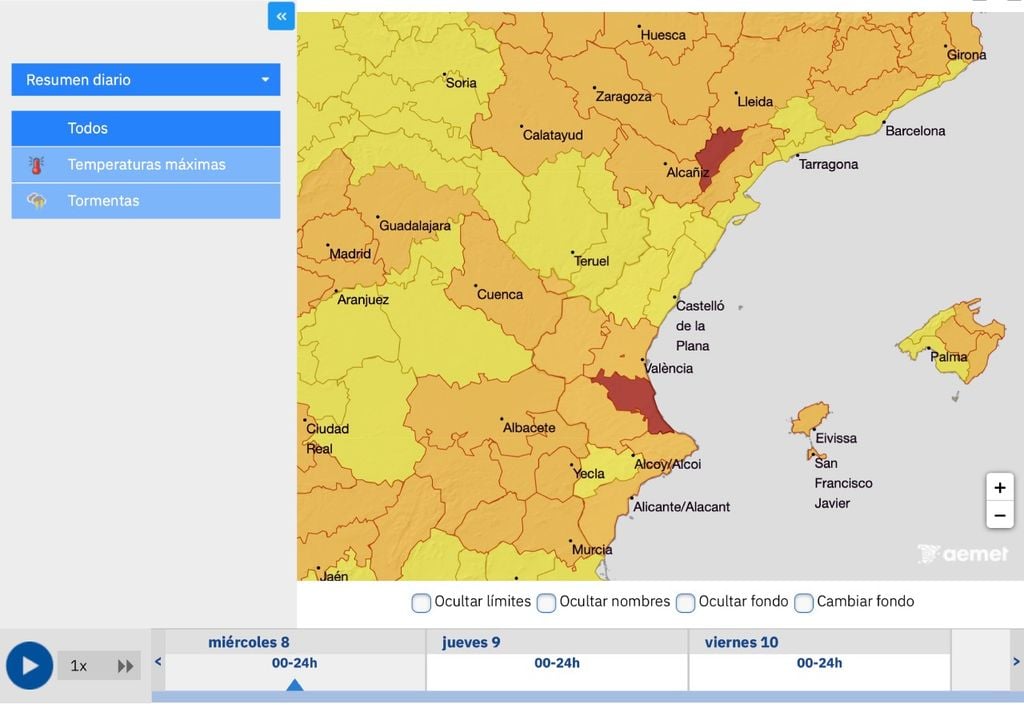 Alertes rouges émises par l'AEMET et en vigueur aujourd'hui, mercredi, de 12 h à 20 h. Alertes rouges émises par l'AEMET et en vigueur aujourd'hui, mercredi, de 12 h à 20 h.