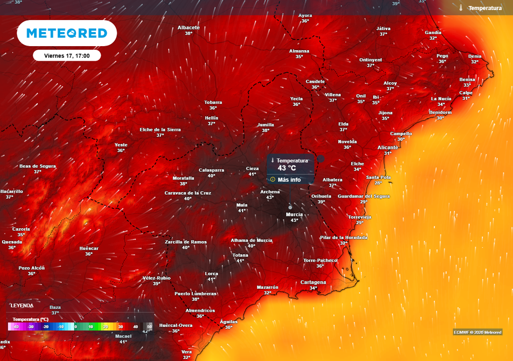 Los 43 ºC se alcanzarán algunas localidades de la vega del Segura en la Región de Murcia durante la tarde del viernes 17 de julio.