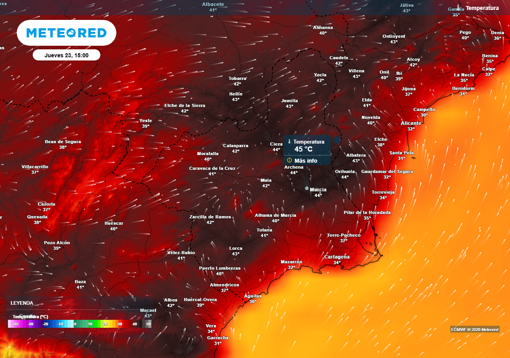 El jueves apunta a ser la jornada más calurosa de la semana en la Región de Murcia, con máximas cercanas a los 45 ºC en puntos de la vega del Segura.