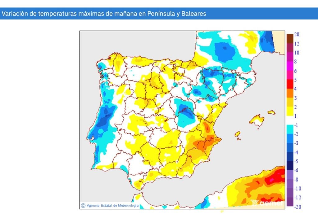 Variación de temperatura máxima prevista para mañana domingo por la AEMET. La Comunidad Valenciana será la comunidad con el mayor ascenso térmico previsto.