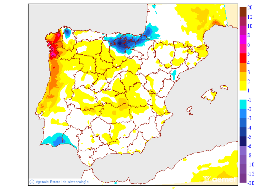 Mapa de variación de las temperaturas máximas para la jornada del sábado 18 de abril. Fuente: AEMET