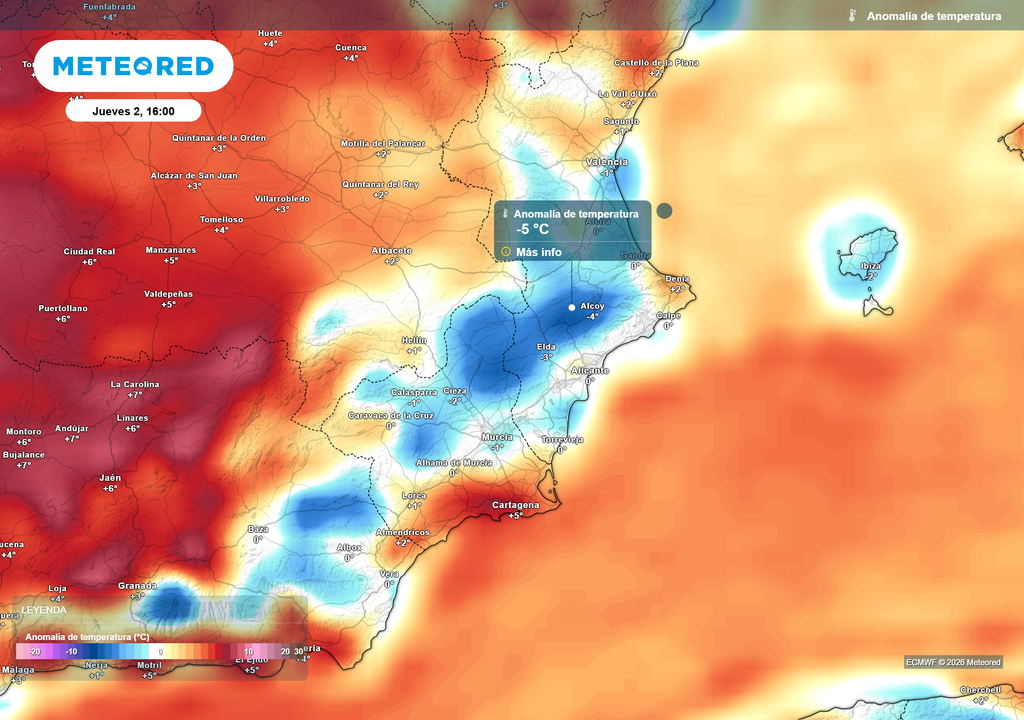 Las anomalías térmicas serán negativas hasta 5 ºC gracias a la entrada de vientos marítimos.