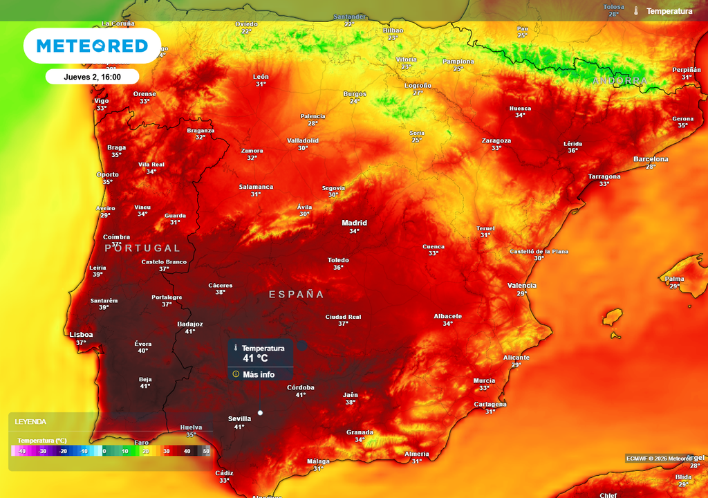 Las temperaturas más elevadas se concentrarán en el cuadrante suroeste, con valores que superarán los 40 ºC.