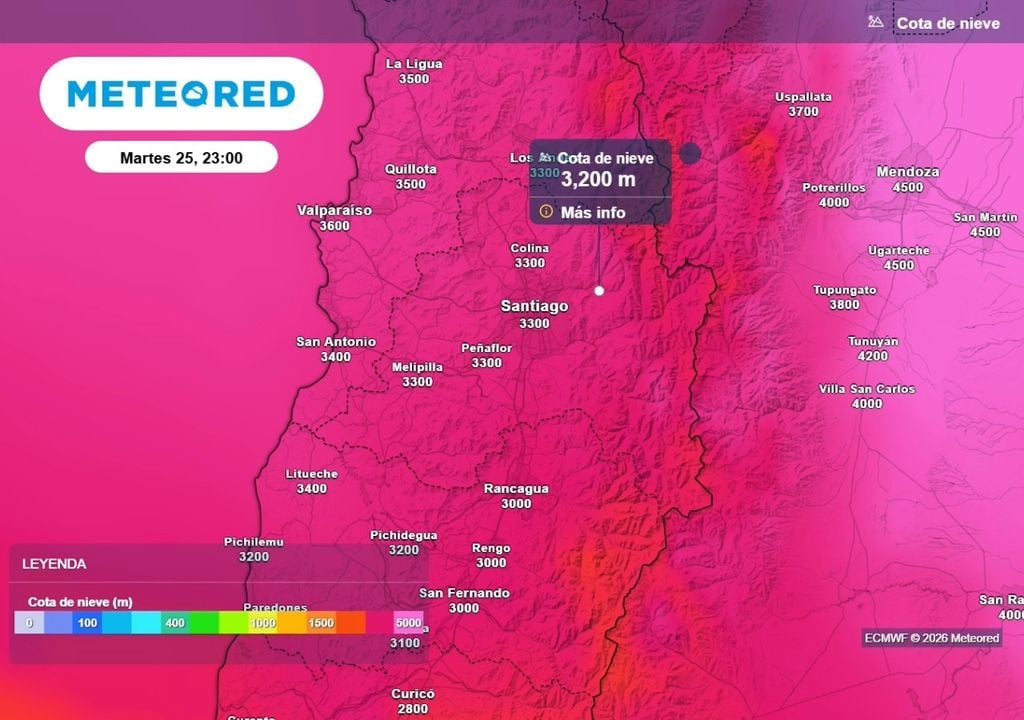 Isoterma cero La isoterma cero comenzará sobre los 3000 metros en la RM el martes e irá descendiendo con el pasar de los días, según indica el ECMWF.