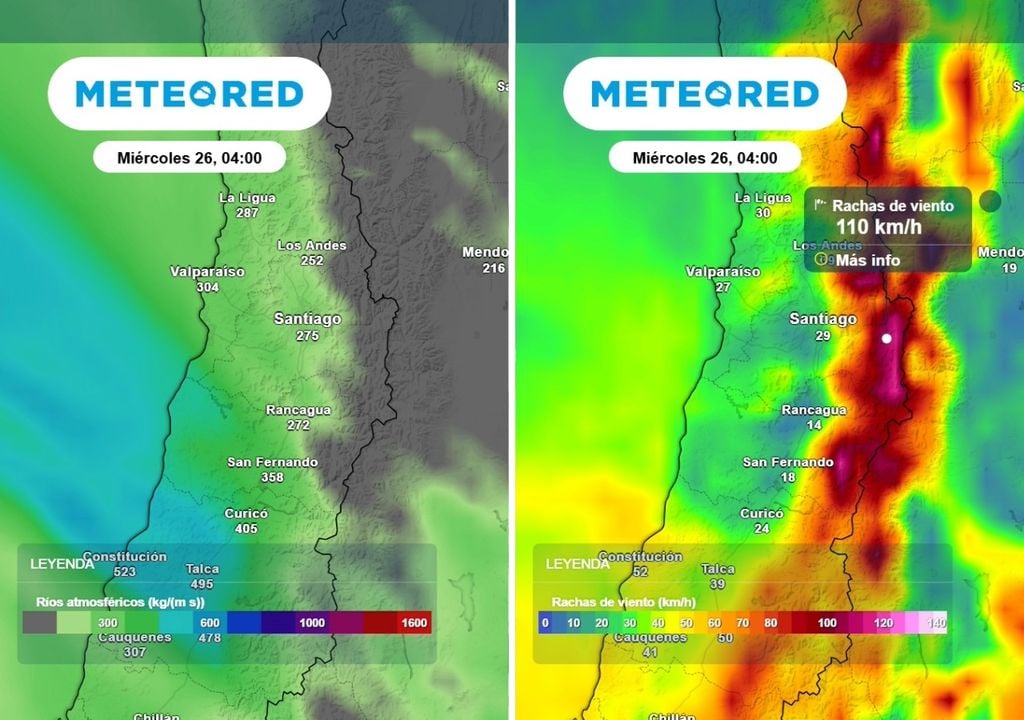 Río atmosférico Lluvias reforzadas por un río atmosférico y fuertes rachas de viento de más de 100 km/h en sectores de la cordillera.