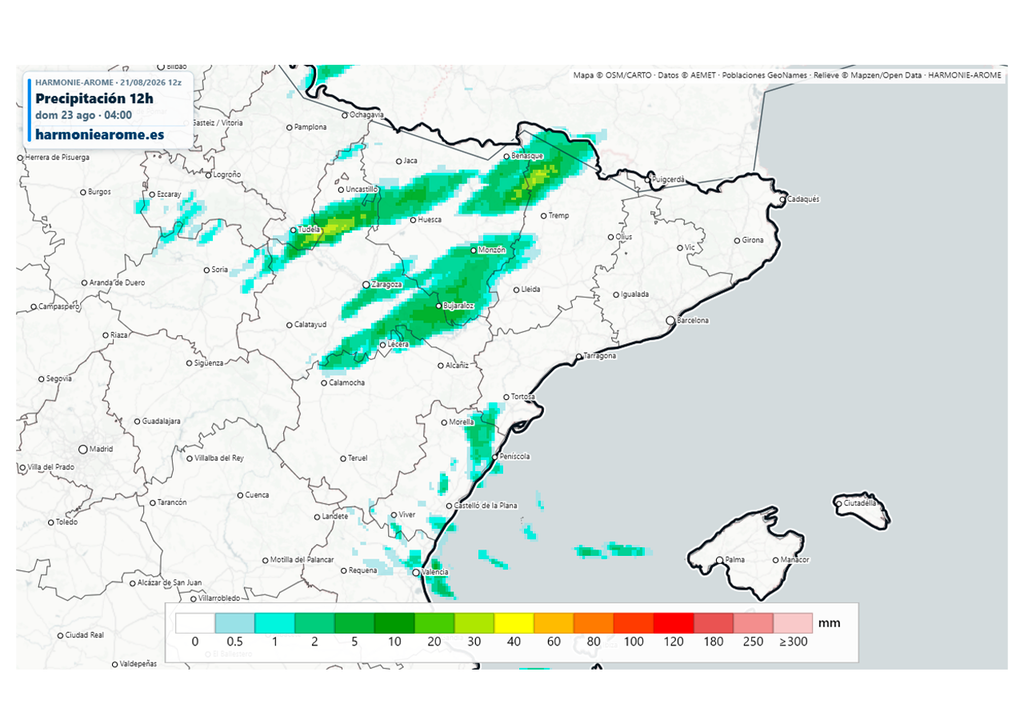 Las tormentas se reactivarán esta tarde en el noreste, según el modelo Harmonie. Fuente: Harmoniearome.es