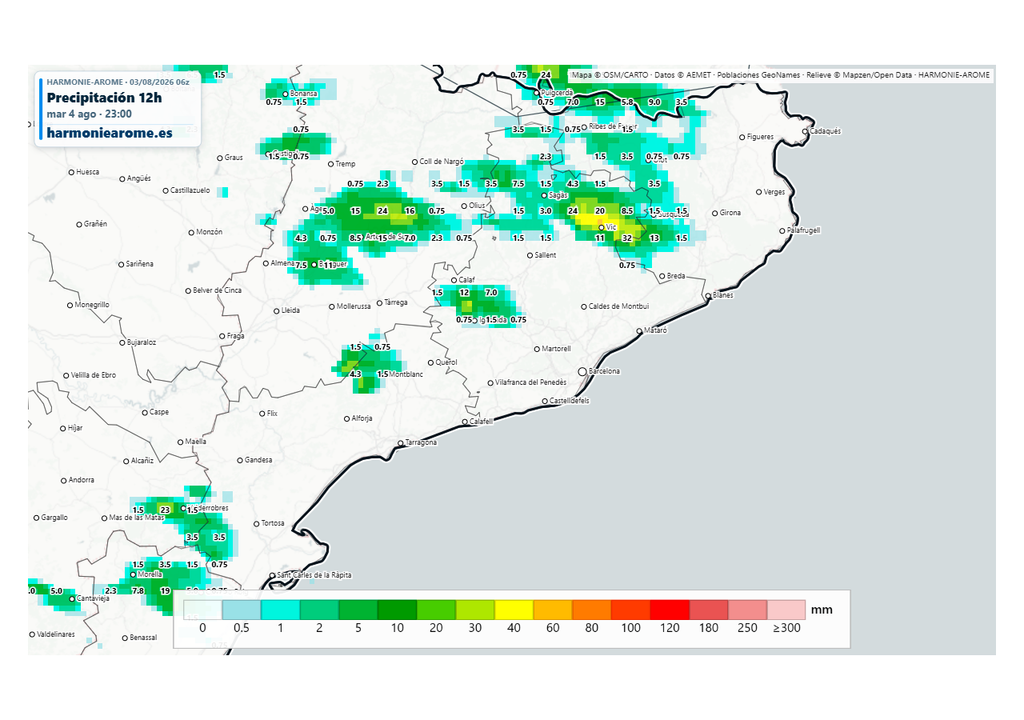 Precipitación acumulada prevista hasta mañana por la noche por HARMONIE-AROME. En algunas zonas puntualmente pueden rondar los 50 l/m2. Fuente: harmoniearome.es