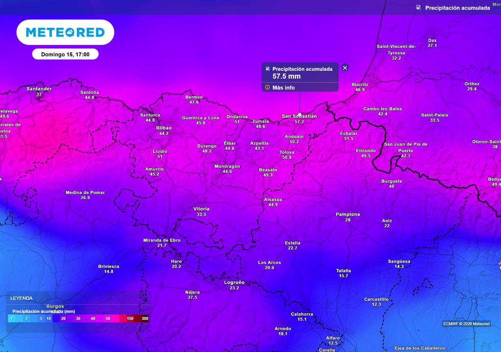 La provincia de Gipuzkoa superará los 50 l/m2 en amplias zonas de su territorio.