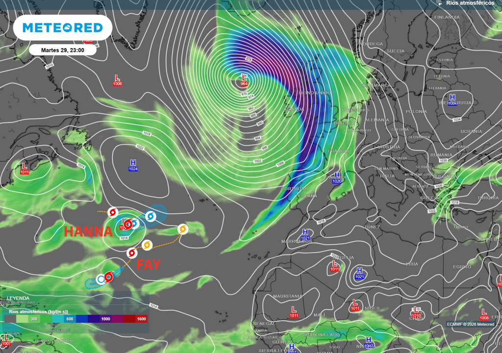 Las depresiones subtropicales Fay y Hanna alimentan el río atmosférico que aporta abundante humedad a la borrasca situada al noroeste de la península.
