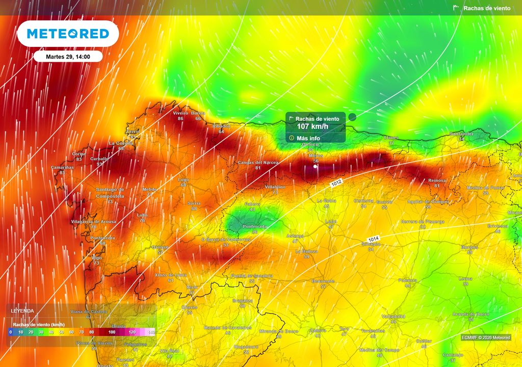 Las rachas de viento superarán los 100 km/h en áreas de la cordillera cantábrica.