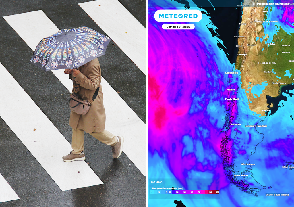 Lluvias acumuladas y persona usando paraguas Las precipitaciones regresan al sur de Chile y parte de la zona central.