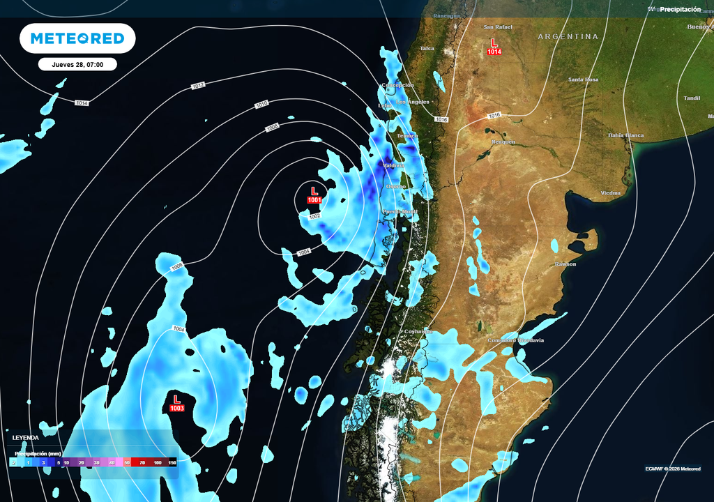 lluvias previstas El centro sur y sur de Chile esperan lluvias el jueves 28 de mayo.