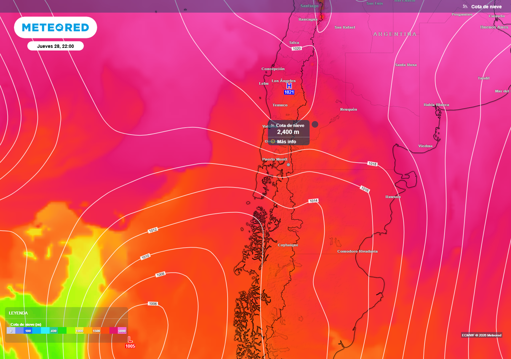 cota de nieve prevista La isoterma cero estará alta al momento de las lluvias. Sectores cordilleranos del sur recibirán precipitaciones líquidas.