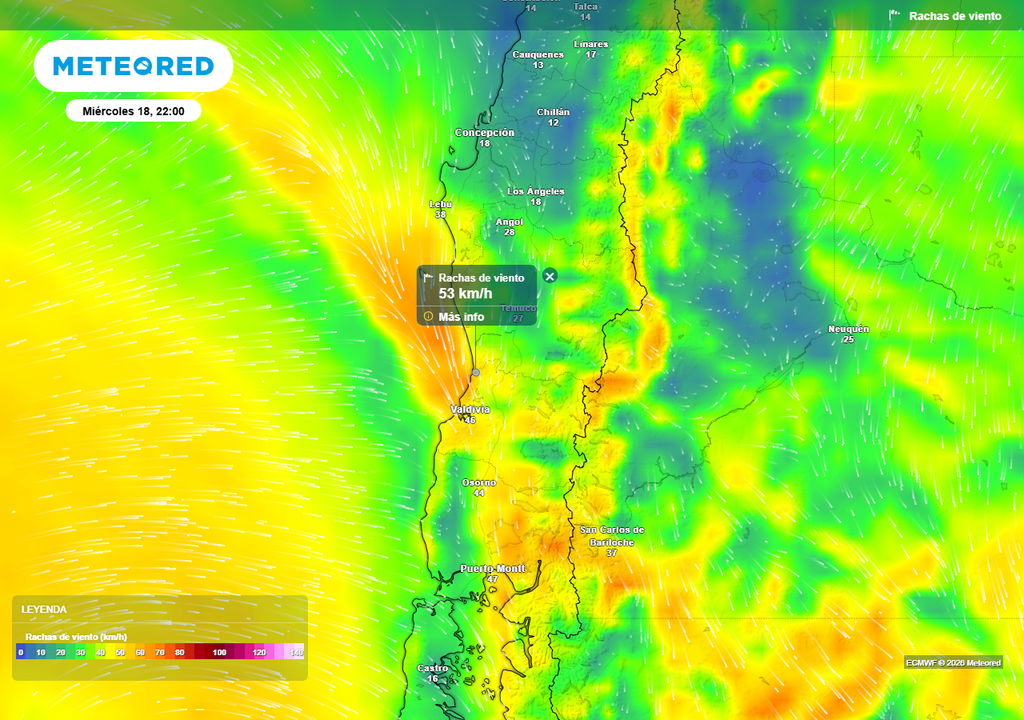 Rachas de viento (km/h) para la noche del miércoles 18 de marzo 2026 en Chile centro-sur.