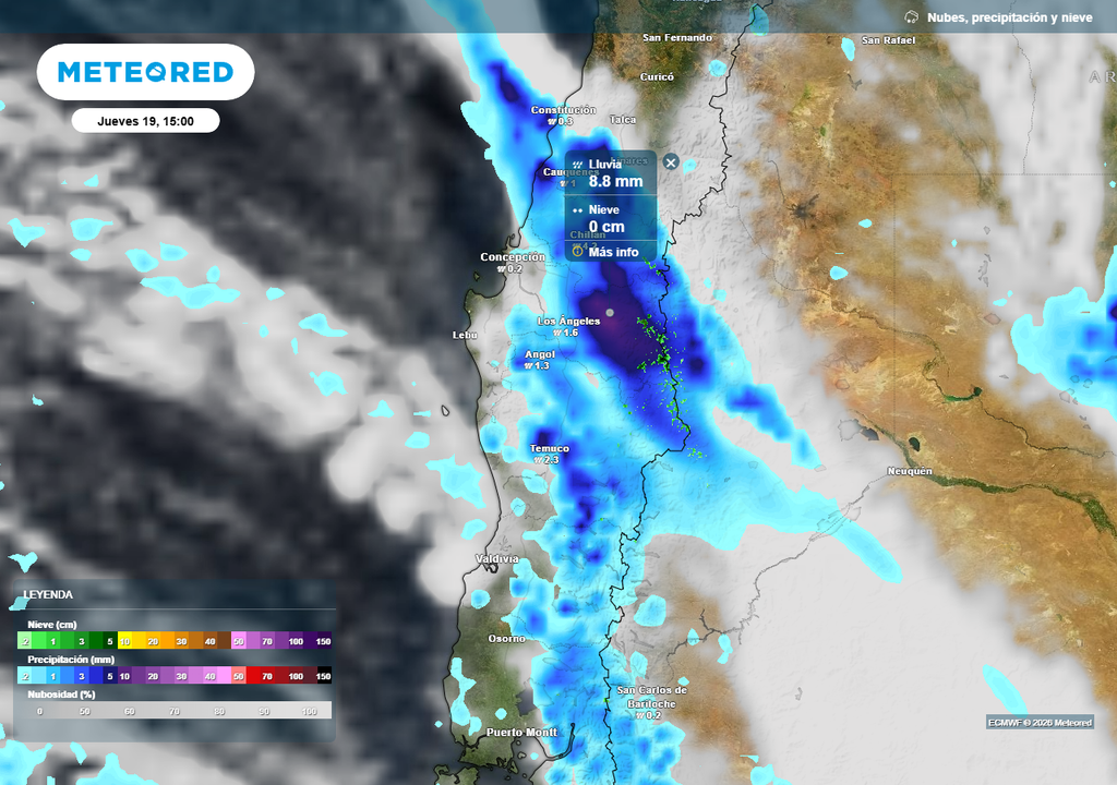 Precipitación (mm) para la tarde del jueves 19 de marzo 2026 en Chile centro-sur.