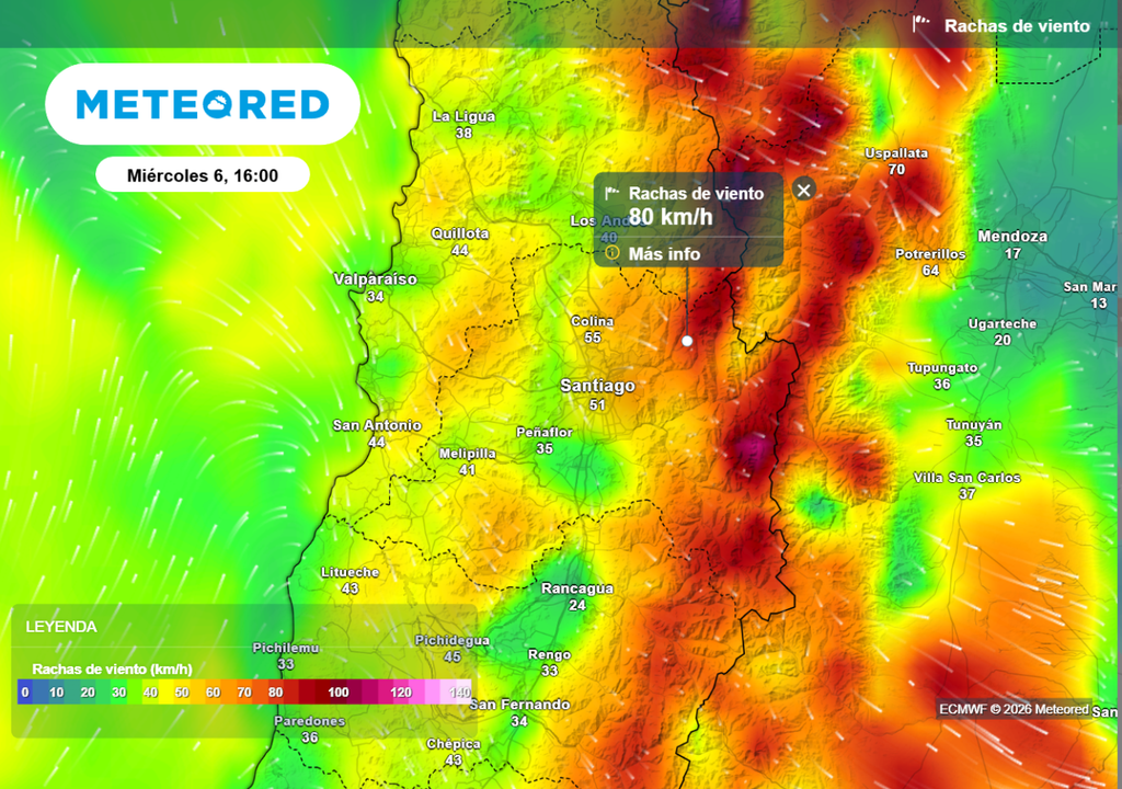 En la tarde del miércoles se incrementan las rachas en Santiago, zonas de la cordillera podrían superar los 80 km/h.