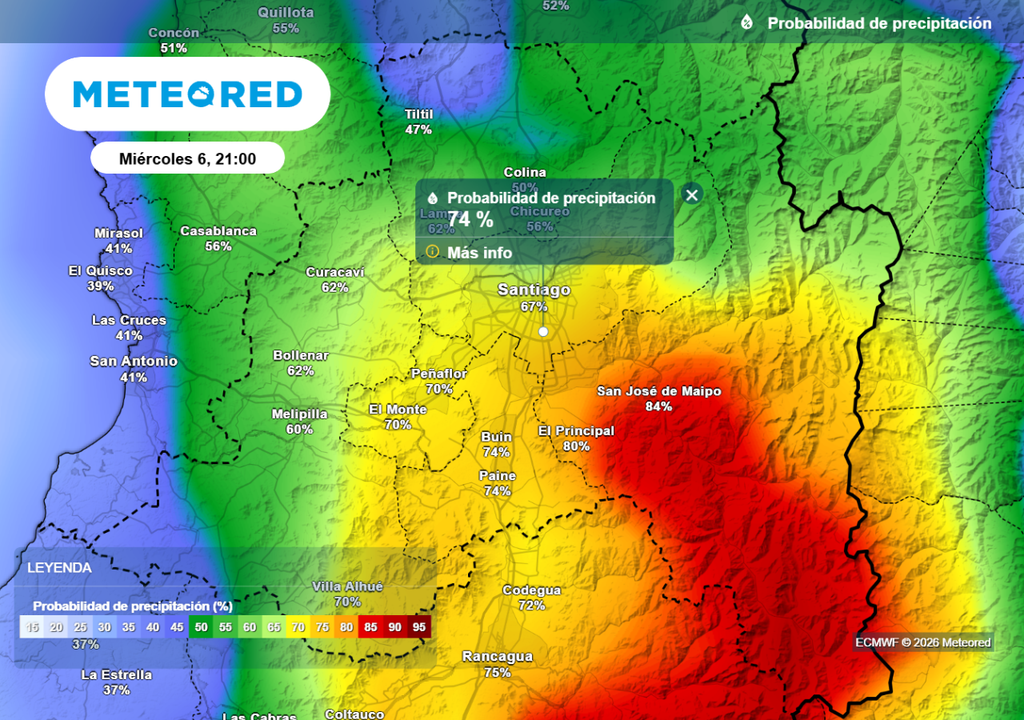 Probabilidad de precipitaciones ha aumentado fuertemente los últimos días: zonas cordilleranas se acercan al 90 %.