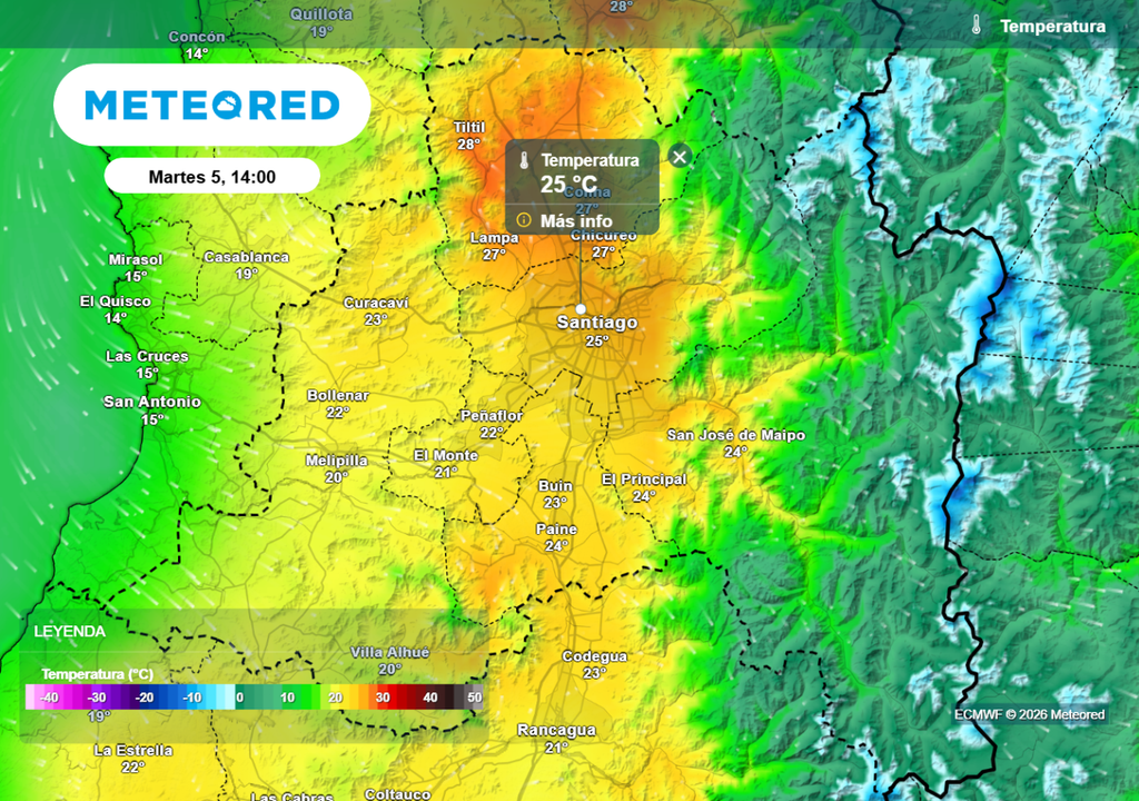 Este martes se espera un ligero repunte térmico, las máximas estarán entre 25 y 26 °C en Santiago.