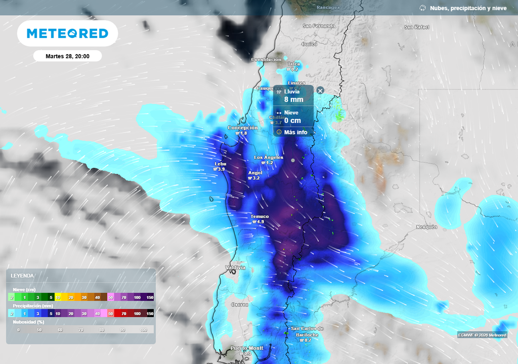 Precipitación (mm) para la noche del martes 28 de abril 2026 en Chile centro-sur.