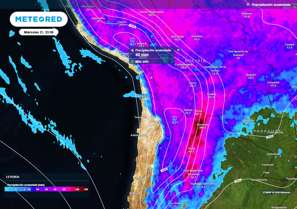 Precipitación acumulada (mm) hasta la noche del miércoles 21 de enero 2026 en el norte de Chile.