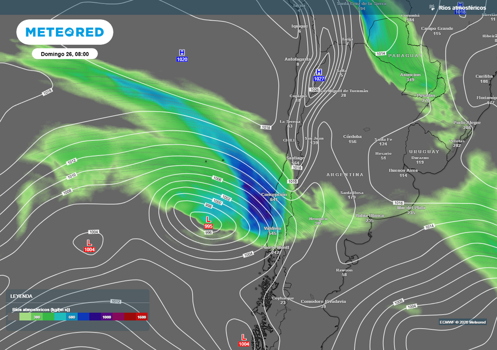 Meteored pronostica un sistema frontal con río atmosférico para el fin de semana en Chile centro-sur Río atmosférico que aterrizará el domingo (26) en el centro-sur de Chile.