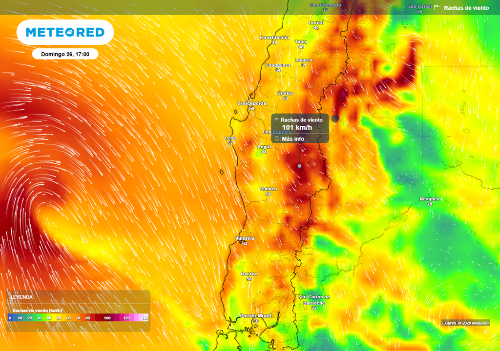 Meteored pronostica rachas de viento de 100 km/h para Chile centro-sur Rachas de viento (km/h) para la tarde del domingo (26) en Chile centro-sur.
