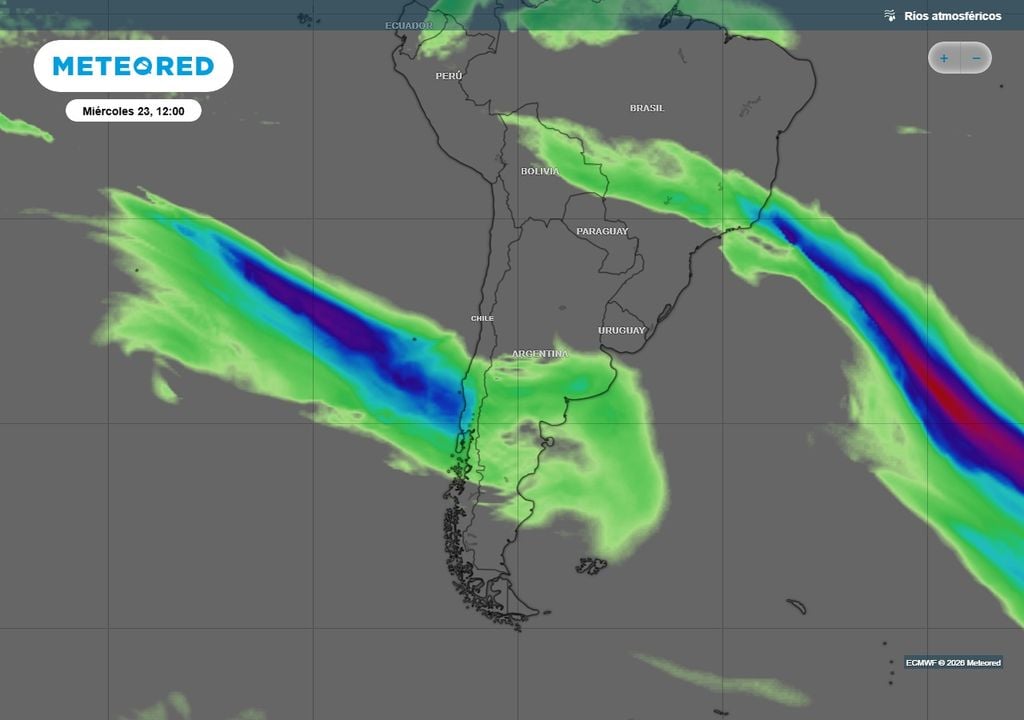 El río atmosférico llegará al centro sur desde el día miércoles 23, trayendo consigo precipitaciones intensas en un corto período de tiempo.