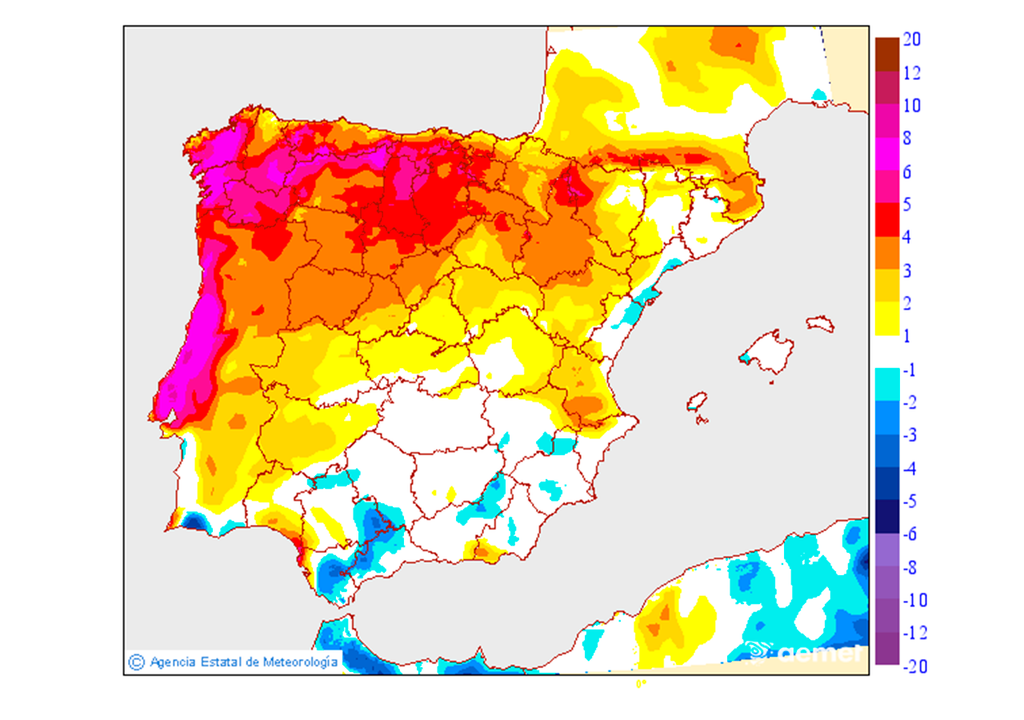 Variación de las máximas de este jueves respecto a las de hoy, con un ascenso acusado en el norte, y sobre todo en el noroeste. Fuente: AEMET.