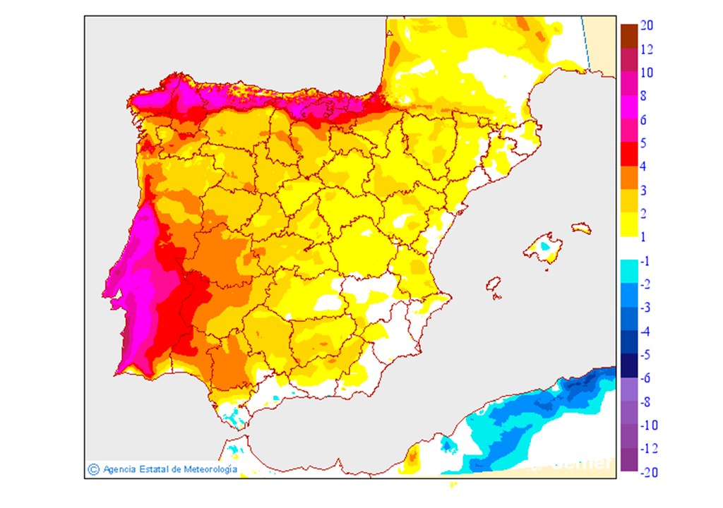 Variación de temperatura máxima prevista para mañana jueves respecto a las de este miércoles. Fuente: AEMET.