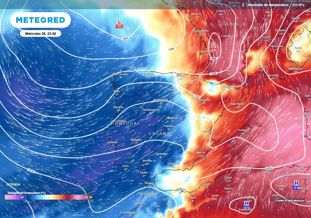 Anomalías de temperatura previstas a unos 1500 metros de altitud para la noche de hoy. Una masa de aire polar avanzará por el oeste de la Península, mientras que el aire mucho más cálido todavía resistirá en el Mediterráneo.