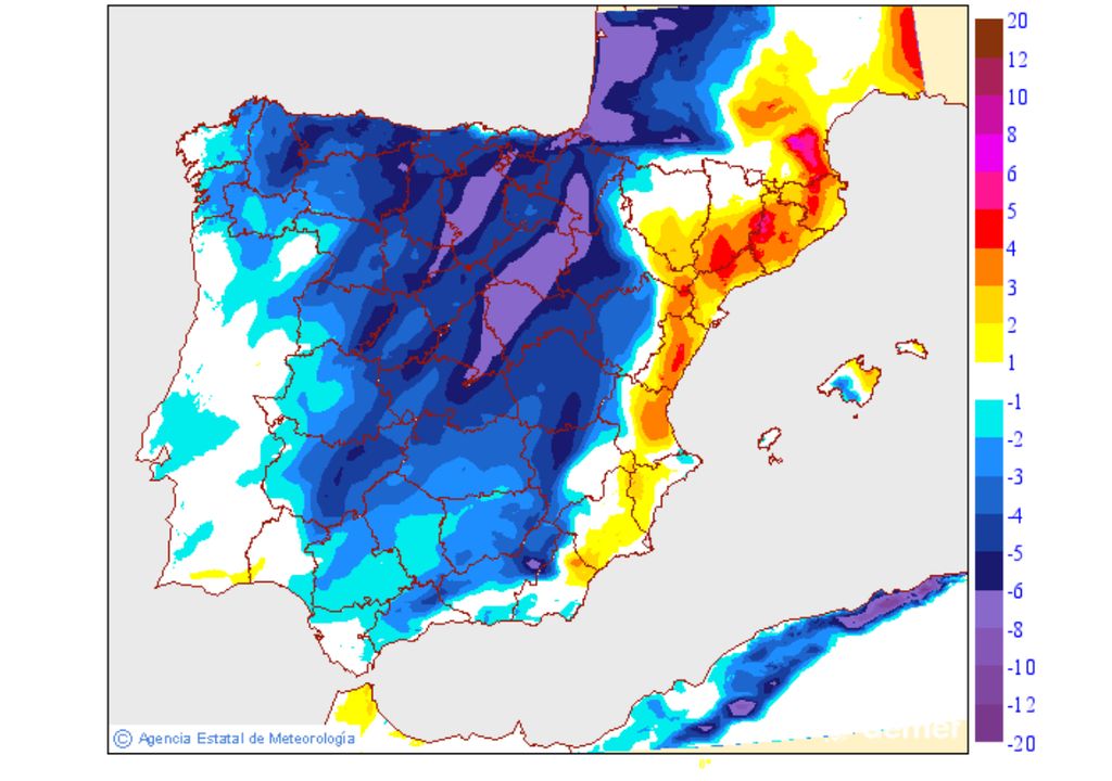 Variación prevista de las temperaturas máximas mañana respecto a las de hoy. Fuente: AEMET.
