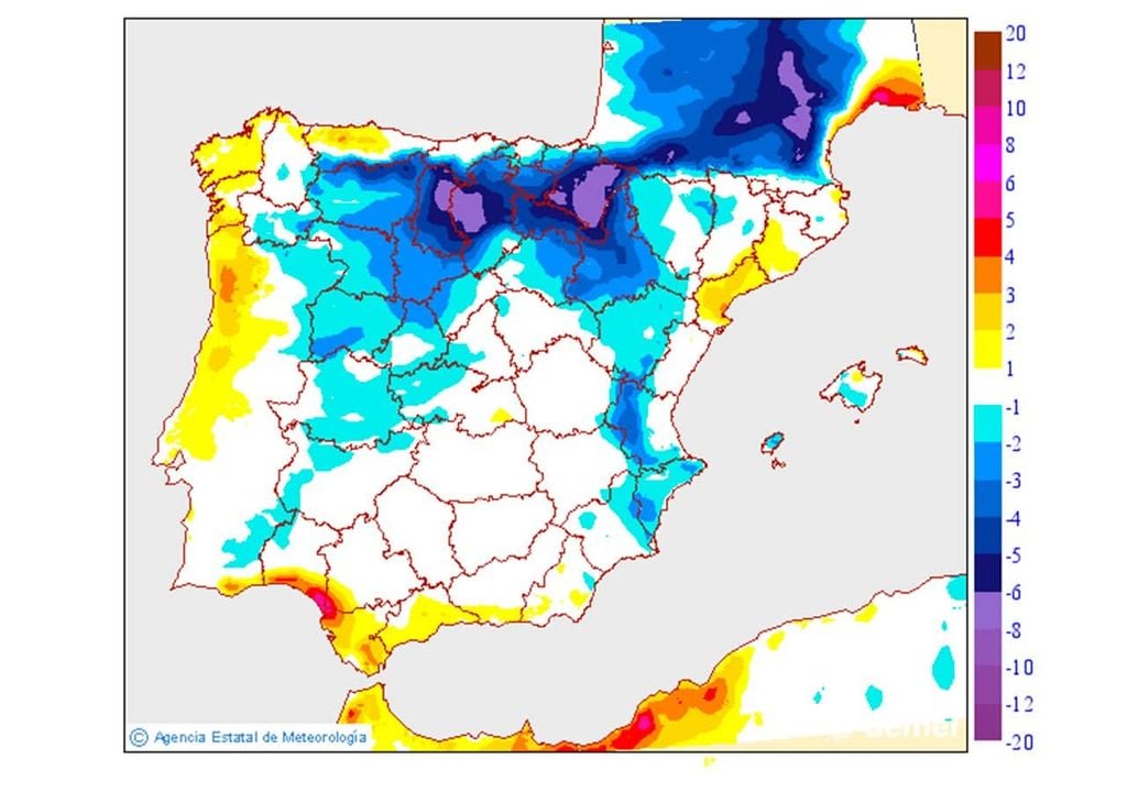 Mañana el descenso será notable en el norte. Variación de las máximas respecto a las de hoy. Fuente: AEMET