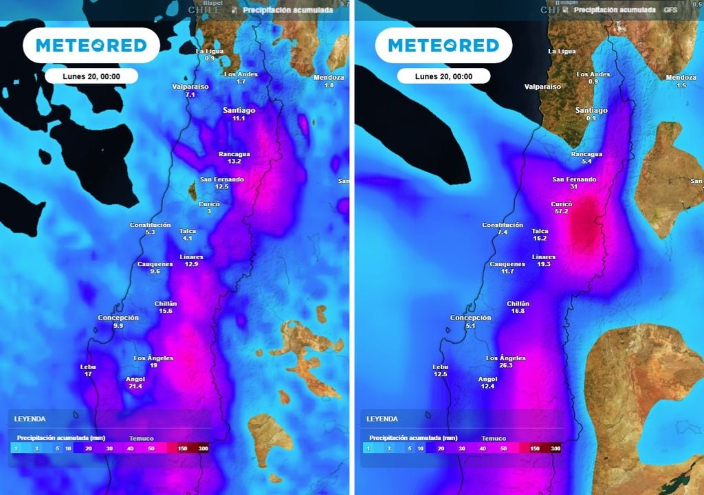 Precipitación acumulada para el domingo según ECMWF y GFS: mientras GFS desplaza las lluvias más al sur, ambos coinciden en máximos en sectores interiores y precordilleranos de O’Higgins y el Maule.