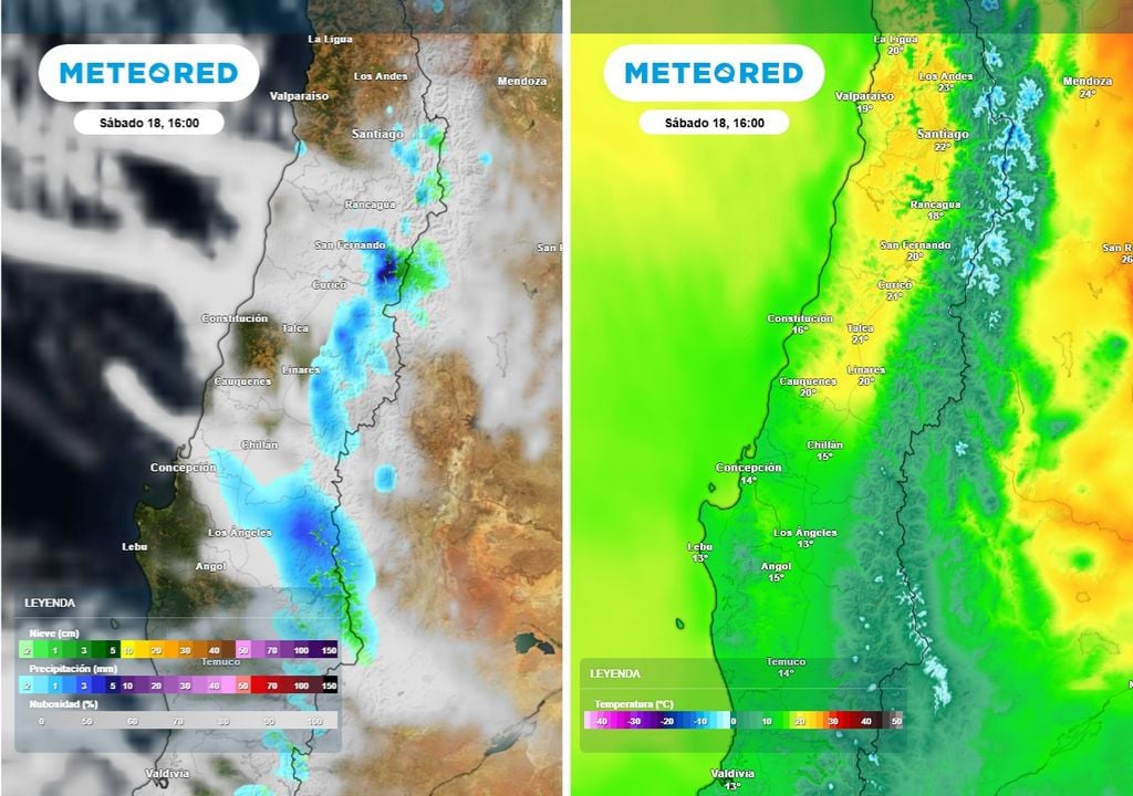 Cobertura nubosa parcial a las 16:00 horas del sábado, con temperaturas templadas en la zona central y condiciones que anticipan el ingreso de inestabilidad.