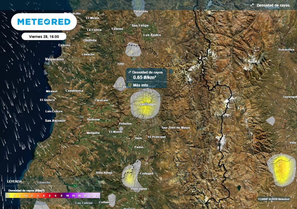 mapa de densidad de rayos Este viernes en la tarde podrían registrarse tormentas eléctricas debido a la presencia de inestabilidad postfrontal.
