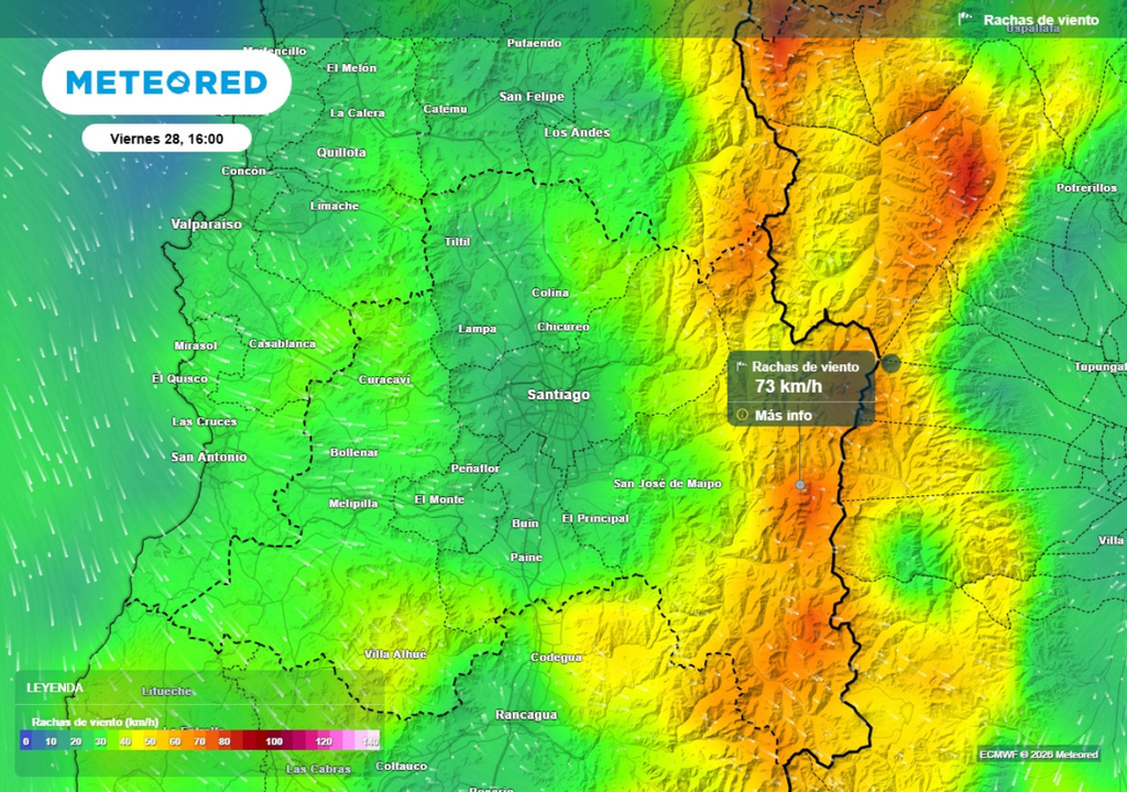 mapa de rachas de viento El viento seguirá intenso en cordillera, con rachas de hasta 70 km/h.