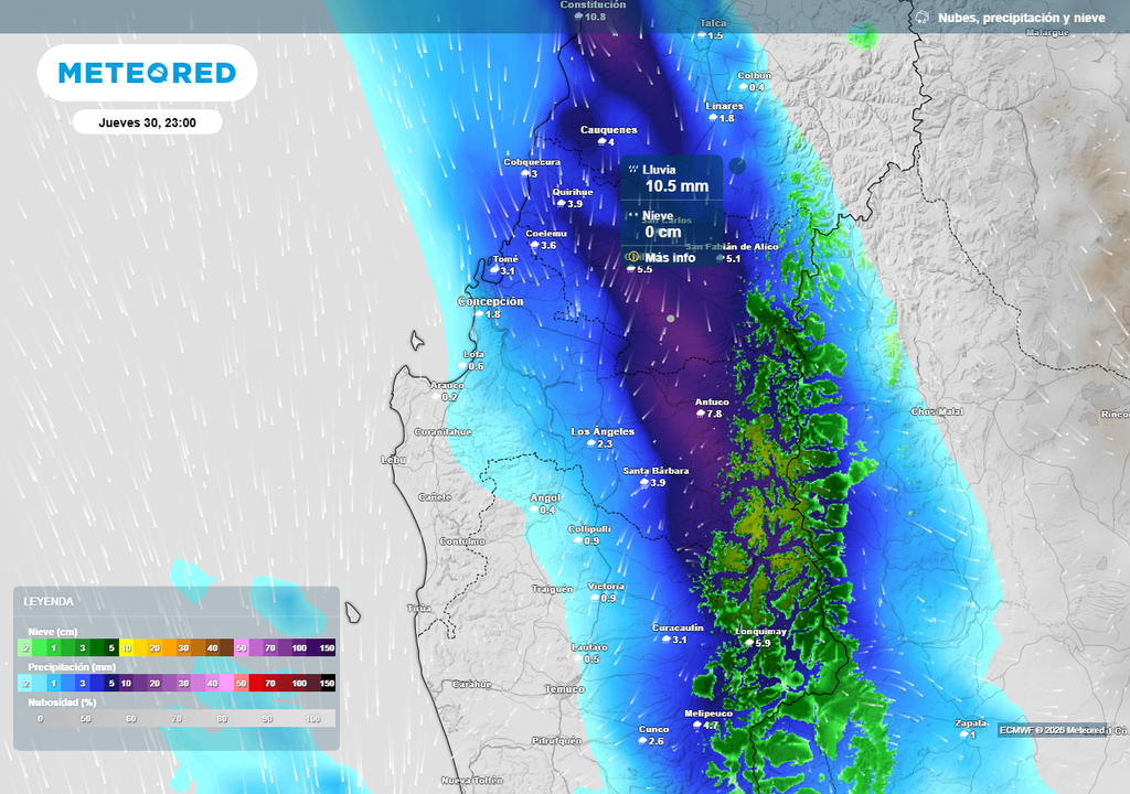 Precipitación (mm) para la noche del jueves (30) en las regiones de Ñuble y Biobío.