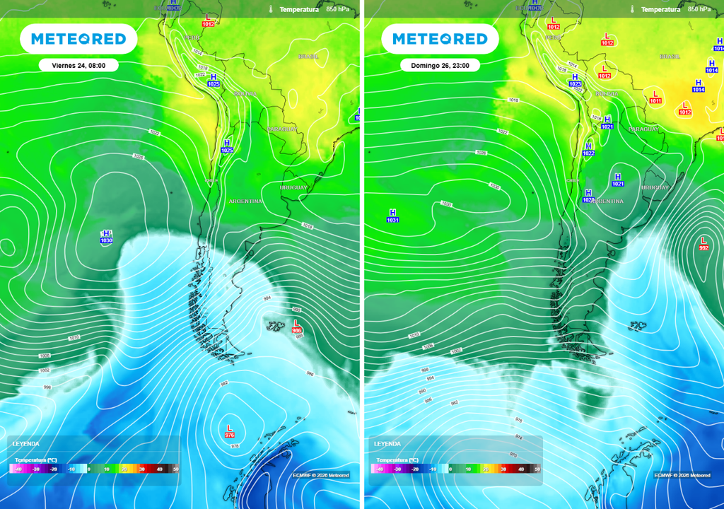 El aire frío se verá reforzado por las altas presiones estacionarias frente a Chile. El sistema se moverá durante el domingo, y las presiones volverán a valores más usuales para la época en Chile continental.