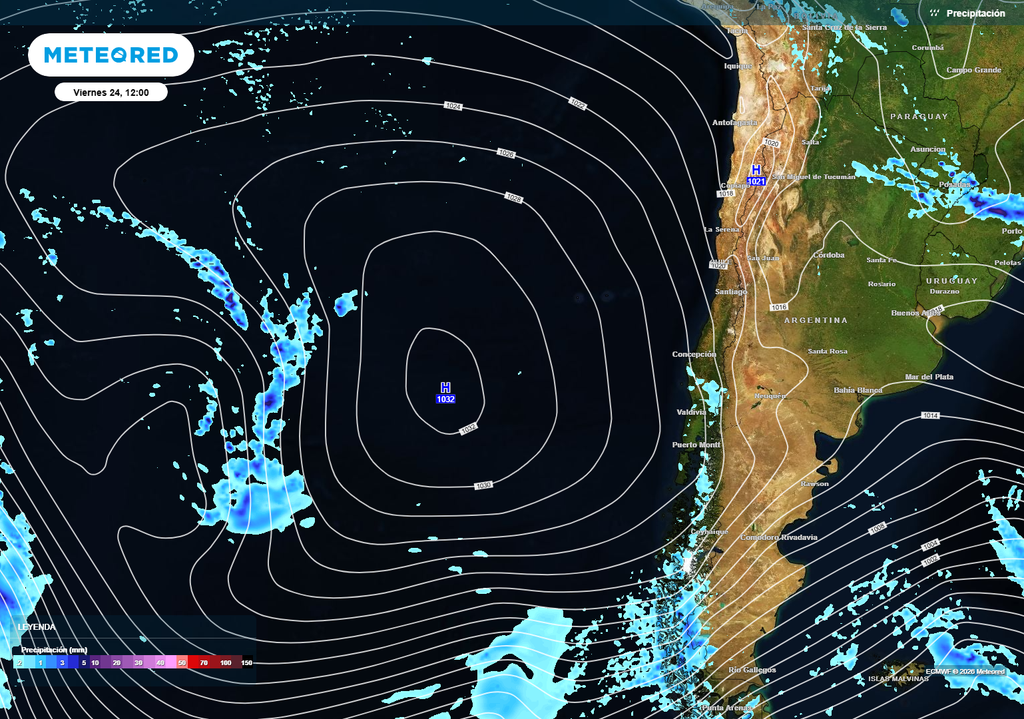 Un gran anticiclón estará actuando como una montaña que bloquea y desvía el paso de los sistemas frontales que se encaminan hacia el continente sudamericano.
