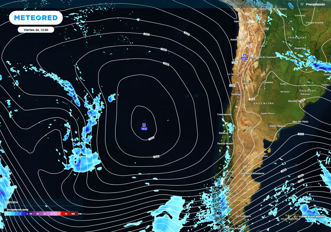 Un gran anticiclón estará actuando como una montaña que bloquea y desvía el paso de los sistemas frontales que se encaminan hacia el continente sudamericano.