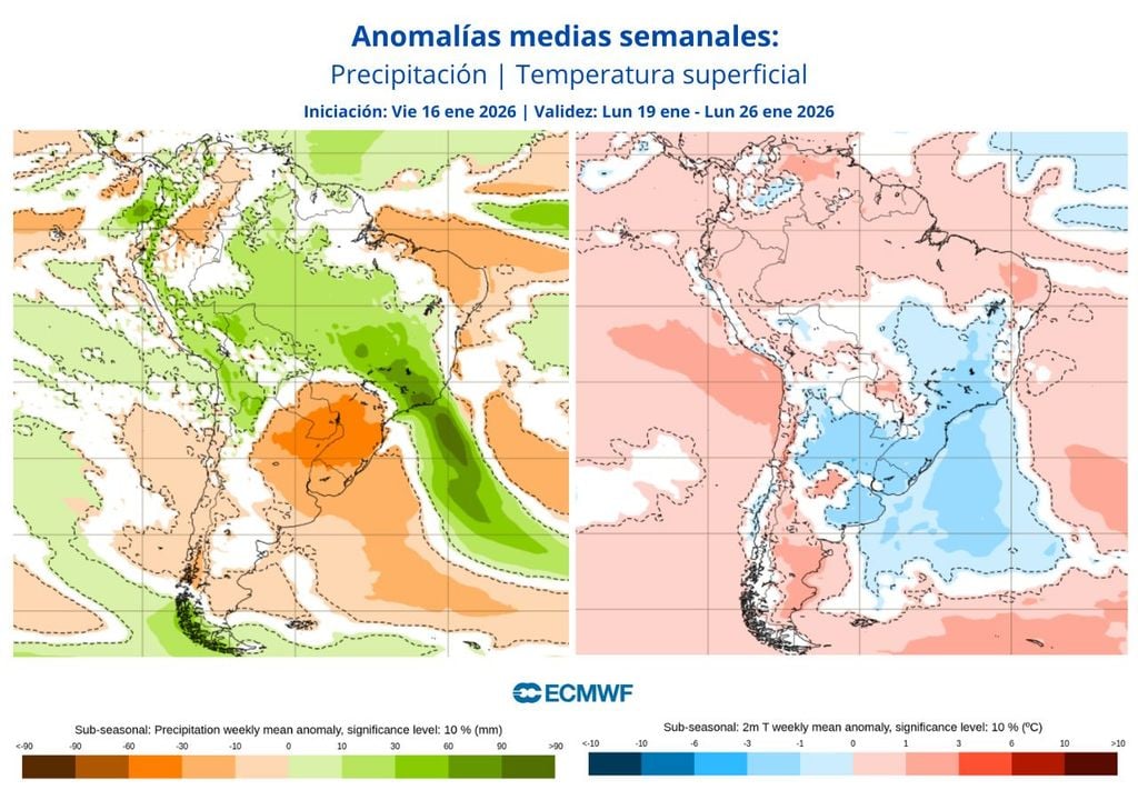 En cuanto a las precipitaciones (izq.), se observa un marcado déficit para la semana, mientras que se mantendrían las temperaturas levemente sobre lo normal (der.) para esta segunda quincena en la Región Metropolitana.