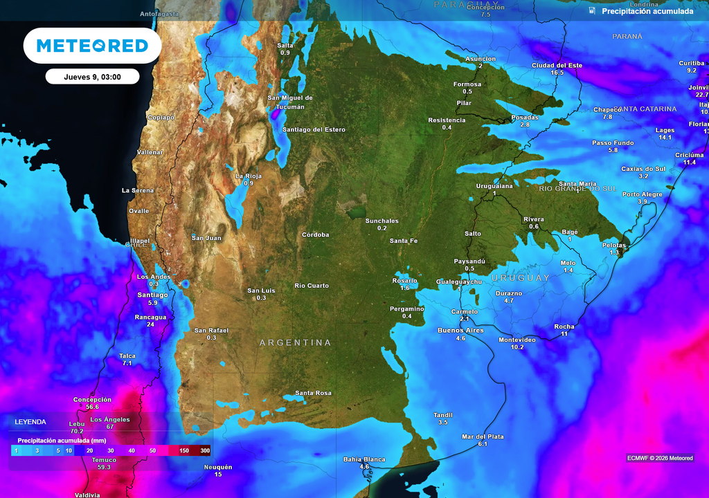 Pronóstico, Clima, Tiempo, Argentina, Ola de frío, Aire polar, Heladas, Temperaturas Buenos Aires, Lluvias, Frío, Pampeana, Servicio Meteorológico Nacional, Invierno, ECMWF Acumulados de lluvia previstos hasta el próximo jueves según nuestro modelo de referencia ECMWF