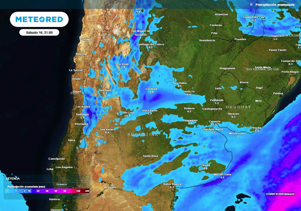Pronóstico, Clima, Tiempo, Argentina, heladas, Frío, Temperaturas, Aire Polar, Estabilidad, Cosecha, Lluvias, Viento, Otoño, Pampeana Acumulados de lluvia previstos hasta el próximo sábado según nuestro modelo de referencia ECMWF