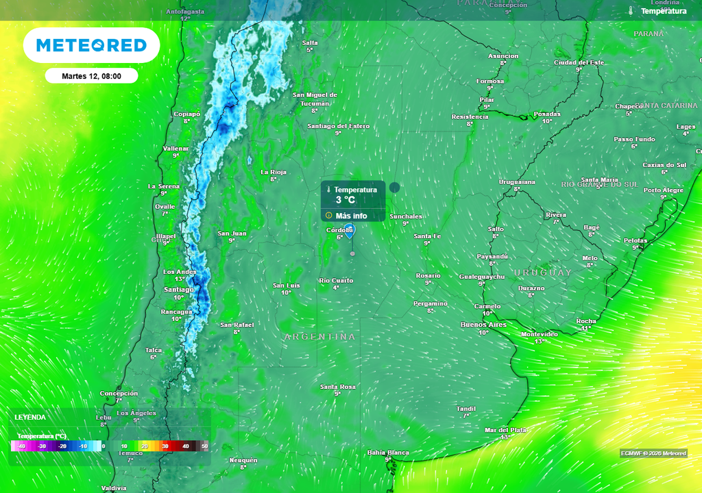 Pronóstico, Clima, Tiempo, Argentina, heladas, Frío, Temperaturas, Aire Polar, Estabilidad, Cosecha, Lluvias, Viento, Otoño, Pampeana Temperaturas previstas para la mañana del martes según nuestro modelo de confianza el ECMWF