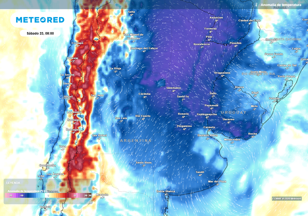 Pronóstico, Clima, Tiempo, Argentina, Estabilidad, Heladas, Frío, Lluvias, Precipitaciones, Viento, Patagonia, Misiones, temperaturas, Fin de Semana Largo, Feriado Anomalía de temperatura prevista para el próximo sábado según el modelo ECMWF