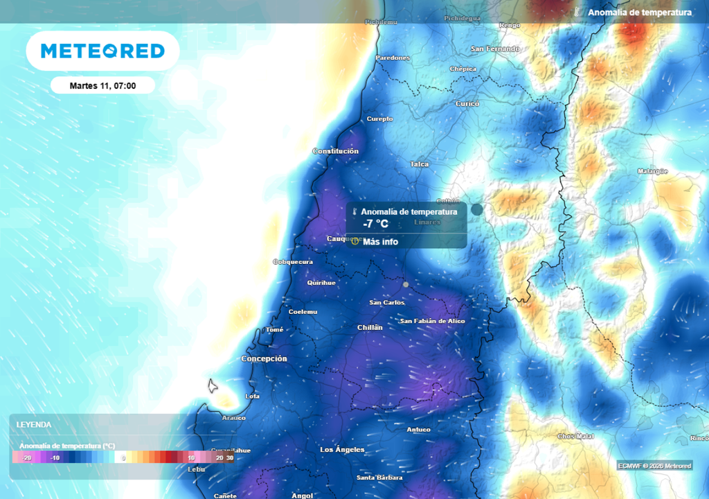 mapa de anomalía de temperaturas Las heladas se presentarán hasta este martes en localidades como Curicó y Linares.